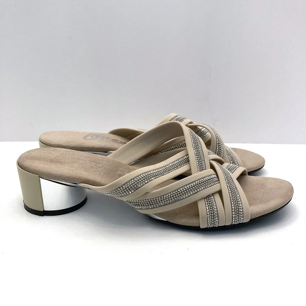 Onex Misha Sandals Block Heel Womens 8 Beige Straps Crystals Made In Italy - Picture 2 of 9